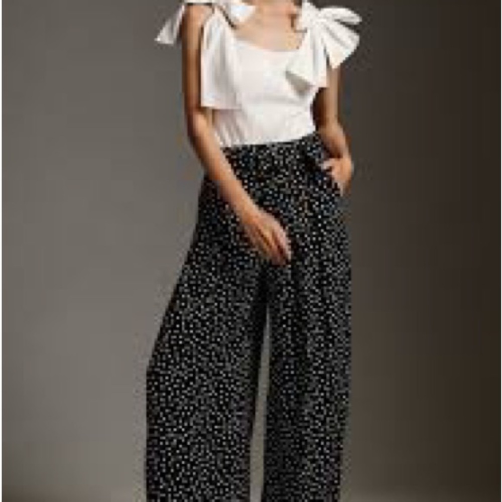 Anthropologie Black and White Polka Dot Wide Leg Satin Pants
